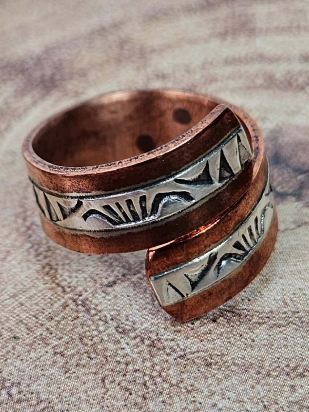 Wylie Secatero Navajo Made Sterling Silver and Copper Hand Stamped Bypass Ring